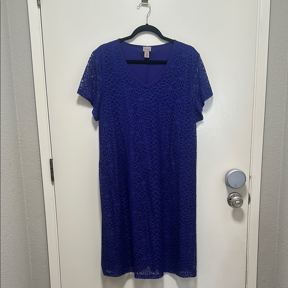 Chico's Blue Sheath Midi Dress with Flutter Sleeves